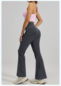 New Top Quality Women's Solid High Waist <b>Flared</b> Leg Yoga <b>Leggings</b> Full Length Seamless Elastic Waist Gray Spandex Polyester - Product Image 3
