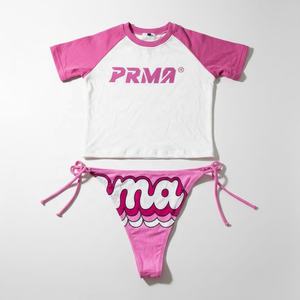 PRMA Women's Two Piece <b>Bikini</b> <b>Set</b> Push Halter Neck <b>Crop</b> <b>Top</b> Tie Thongs Orange White Plaid Print Spandex Polyester Eco-Friendly - Product Image 4