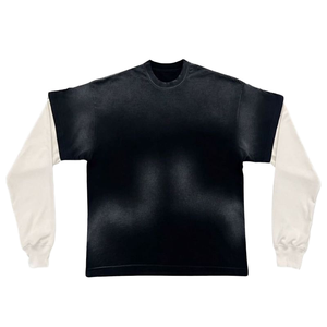 T-shirt à manches longues pour homme, noir avec manches blanches, col rond, coupe classique, tricoté, style décontracté, couleur unie, design à blocs de couleurs - Product Image 2