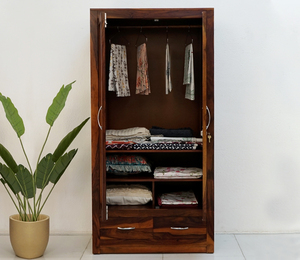 Armoire moderne grande taille en bois de sheesham massif, fabriquée à la main, avec 2 tiroirs, pour chambre à coucher, hôtel, appartement - Product Image 4