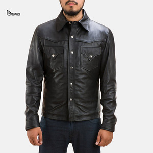 เสื้อแจ็คเก็ตหนังสีดำสำหรับผู้ชาย ยี่ห้อ Relevo Industries ปกคอปกตั้ง ติดกระดุมด้านหน้า สไตล์นักขี่มอเตอร์ไซค์ เหมาะสำหรับใส่ในฤดูใบไม้ร่วง - Product Image 1