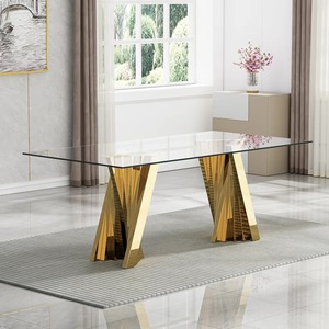 Tables de banquet rectangulaires pour événements, en acier inoxydable doré et verre trempé blanc, pour hôtels et réceptions de mariage - Product Image 1