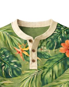 Chemise Henley pour homme à imprimé tropical vert olive et floral, manches longues, patte de boutonnage, style décontracté d'été, plage, légère et tendance - Product Image 5