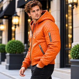 Premium Orange Ostrich <b>Leather</b> Hooded <b>Bomber</b> Jacket – <b>Men</b>’s Embossed <b>Leather</b> Fashion Biker Jacket with Zipper Pockets - Product Image 3