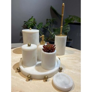 White Marble Bathroom Set 6-Piece Round Minimalist Soap Dispenser <b>Toothbrush</b> <b>Holder</b> Tray Easy To Clean - Product Image 3