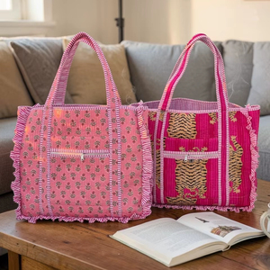 Customized Quilted Cotton Vintage Floral Quilted Large Ruffle Tote <b>Bag</b> Handprinted <b>Boho</b> Shopping <b>Bag</b> for Women - Product Image 1