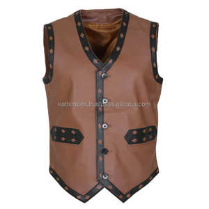 Chaleco de cuero marrón con cuello en V para hombre de alta calidad, cierre de estilo de botón de cuerno para verano, servicio al por mayor de OEM para pedidos al por mayor - Product Image 1