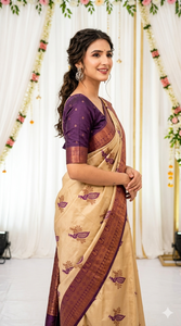 Sari de seda morado y beige con estampado de pavo real, ropa tradicional india para bodas, para mujeres - Product Image 4