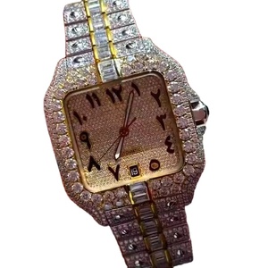 Reloj de Lujo Hip Hop con Correa de Cuero y Cristal de Zafiro Moissanite de Diamante de Laboratorio de Alta Venta, Caja de Acero Inoxidable, Puntero de Cuarzo - Product Image 1