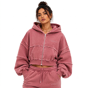 VOCKSIN Women's Oversized Cropped <b>Zipper</b> Hoodie Jogger Set Breathable Heavyweight French Terry Cotton Vintage Acid Wash Winter - Product Image 5