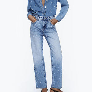 Nuevos Jeans de Mezclilla de Cintura Alta y Pierna Ancha para Mujer, con Adornos de Perlas en Toda la Superficie, para un Estilo Chic y Moderno a Bajo Precio - Product Image 5