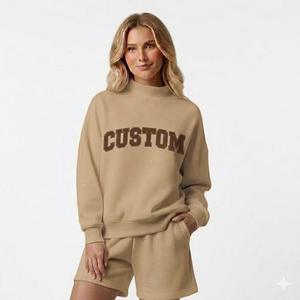 Ensemble sweat-shirt et short oversize pour femme, rose poudré uni, avec impression de texte personnalisée, col montant, manches longues, style décontracté, streetwear, vêtements de sport - Product Image 5