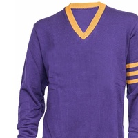 Cardigan tricoté personnalisable violet à col en V pour homme avec bordure jaune, logo frontal, manches longues, décontracté pour l'automne