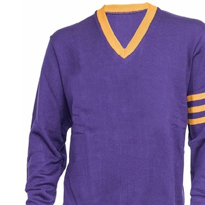 Pull tricoté violet pour homme à col en V avec bordure jaune et rayures sur les manches, manches longues, décontracté, automne - Product Image 4