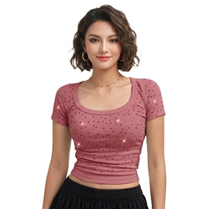 Chemisiers côtelés pour femmes style Y2K avec strass, couleur rose poudré, col rond, coupe ajustée, crop top, personnalisable OEM ODM, marque privée, vente en gros - Product Image 2