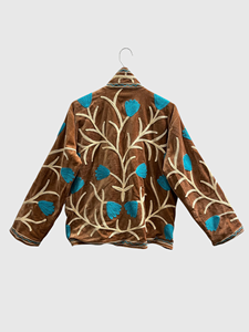 Veste en velours marron brodée de fleurs, col mandarin, manches longues, style blouson pour femme adulte, à porter en automne - Product Image 2