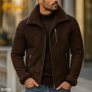Veste aviateur en daim marron chocolat pour homme, doublée de fausse fourrure, bomber d'hiver - Product Image 4
