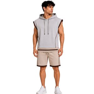 <b>Mens</b> Light Grey Beige Dark Brown Sleeveless Hooded Tracksuit <b>Set</b> Custom Logo Gym Fitness Training Sports <b>Hoodie</b> <b>And</b> <b>Shorts</b> - Product Image 1