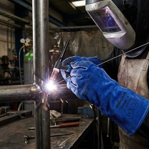 Gants de Soudure de Sécurité en Cuir de Vachette Fendu Bleu, Robustes, à Manches Longues, Résistants à la Chaleur et au Feu, Certifiés CE, Doublés Polaire, Vente en Gros - Product Image 2