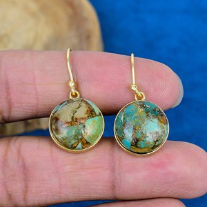 Natural Boulder Turquois Round Shape Gemstone <b>Hook</b> <b>Earring</b> 18k Gold Finish Over 925 Sterling Silver - Product Image 2