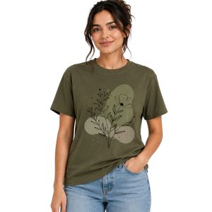 Customized Olive Green Women Crew Neck Floral Graphic Printed T Shirt Casual Soft Breathable Summer Custom OEM Fashion Tee <b>Top</b> - Product Image 1