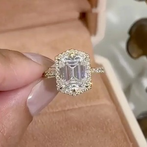 Trendy 925 Moissanite <b>Emerald</b> Cut Halo Engagement <b>Ring</b> Travel <b>Rings</b> In Sterling <b>Silver</b> Yellow Gold Plated for Women's - Product Image 1