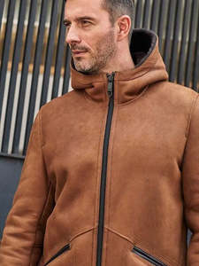 Men's Brown Suede Leather Hooded Jacket With <b>Faux</b> <b>Fur</b> Lining Windproof Winter <b>Coat</b> Casual Style Regular Fit Long Length - Product Image 4
