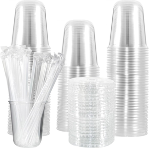 Vasos Desechables Transparentes Biodegradables y Reciclables de PET/PLA de 14 oz, Resistentes a Fugas, con Tapas y Pajitas para Café Helado y Bebidas Frías - Product Image 1