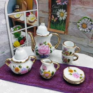 Accessoires miniatures pour maison de poupée, service à thé en céramique florale avec théière, tasses, soucoupes, assiette, motif de fleurs peintes, cadeau pour les 14 ans et plus - Product Image 2