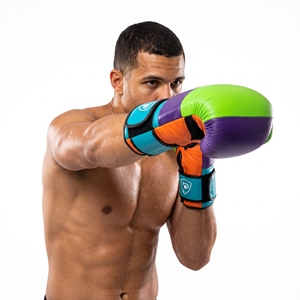 Gants de boxe en cuir Dumela International 16 oz, violet, vert, orange, bleu, équipement d'entraînement professionnel, design avec logo - Product Image 3
