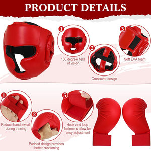 Ensemble de protection complet pour la boxe et le karaté, 5 pièces, rouge : casque de sécurité, 2x gants de karaté, 2x protège-tibias et chaussures. - Product Image 4