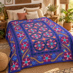 Couvre-lit en coton Suzani fait main exclusif, broderie florale violette rose aqua, style bohème ethnique indien, décoration de la maison - Product Image 1