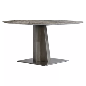 Mesa de comedor moderna de estilo arquitectónico con base de metal y tablero redondo de travertino plateado con vetas naturales para bistro, restaurante, bar o cocina. - Product Image 1