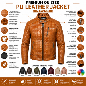 Blouson Moto Homme TwillSports en Cuir PU Marron Col Montant Matelassé Fermeture Éclair Avant Logo Personnalisé Coupe Ajustée Vêtement d'extérieur - Product Image 4