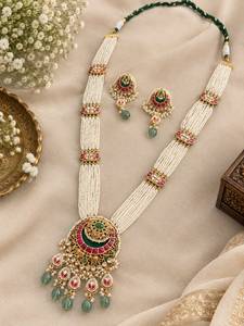 TISHYA DIAMOND Ethnic Gold Plated Alloy <b>Necklace</b> Earring <b>Set</b> Imitation <b>Pearl</b> Tassel Round Brilliant Cut Women Wedding Jewelry - Product Image 2