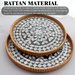 Bandeja Redonda Hecha a Mano con Incrustaciones de Madreperla y Diseño de Ratán, Multifuncional, para Servir Comida en la Mesa de Centro - Product Image 2