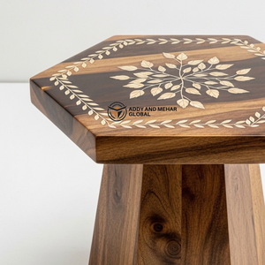 Industrial Style MDF & Solid Wood Accent <b>Stool</b> Hexagon Inlay End <b>Table</b> Sustainable Handmade Bedroom Entry Furniture - Product Image 3