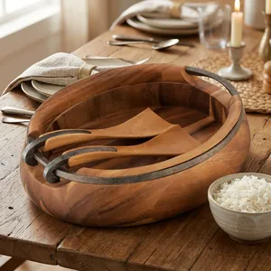 Wood <b>Serving</b> Bowl With <b>Serving</b> <b>Spoon</b> Salad Bowl with Metal Handle Handcrafted Dinnerware For Dining <b>Serving</b> Bowl For Snacks Dish - Product Image 1