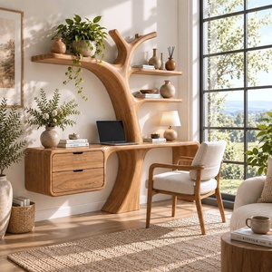 Escritorio de Madera Contemporáneo de Lujo, Hecho a Mano, para Montar en la Pared, con Estantes en Forma de Árbol y Cajón, para Oficina en Casa - Product Image 2