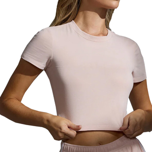 Women 2 Piece Knitted Shorts <b>Set</b> Pink Crew Neck Short Sleeve Casual Sportswear Above Knee Length Solid Color Breathable <b>Twin</b> <b>Set</b> - Product Image 3