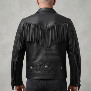 Rugged Men Western Leather <b>Jacket</b> With <b>Fringe</b> Detailing Embossed Design For Casual Cowboy Streetwear And Weekend Wear - Product Image 4