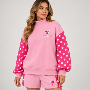Conjunto Deportivo Casual Personalizado de 2 Piezas para Mujer, con Mangas con Estampado de Lunares Rosas y Cuello Alto Simulado - Product Image 3