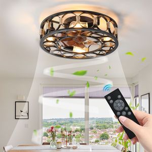 Modern Farmhouse LED <b>Ceiling</b> Fan with Caged <b>Light</b> Low Profile Flush Mount 6 Speeds Reversible Blades 6-Button <b>Remote</b> <b>Control</b> - Product Image 3