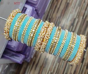 Luxurious New Arrival 2026 Emerald Green Velvet <b>Bangles</b> with Intricate Faux Pearl and Gold Stone Embellishment Chooda <b>Bangle</b> Set - Product Image 4