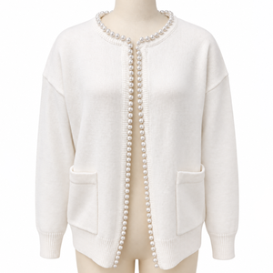 Cardigan tricoté pour femme, motif pied-de-poule bleu et blanc, col en V, manches longues, décontracté, automne, 100% acrylique, poches, simple boutonnage, vente en gros - Product Image 1