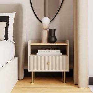 Elegant <b>wooden</b> Bedside <b>Table</b> With Drawer And Open Shelf Ribbed Front Design Modern Nightstand For Stylish Bedroom Decor - Product Image 2