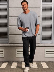 เสื้อยืดทรงบ็อกซี่ฟิตคุณภาพสูงสำหรับผู้ชาย ผ้าสโตนวอช โพลีเอสเตอร์คอตตอนเนื้อหนา สไตล์สตรีทแวร์ลำลอง ไซส์หลากหลาย - Product Image 5