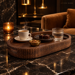 Plateau de service artisanal en bois |   Assiettes modernes à rebords surélevés, bords côtelés, poignées découpées, multifonctionnelles pour mariage, dîner, café - Product Image 4