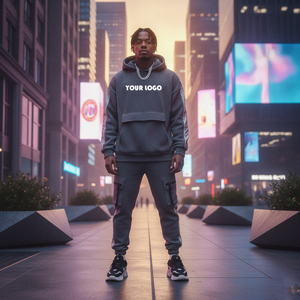 Custom Men's Gray Hooded <b>Tracksuit</b> Solid Color Streetwear Full Length Joggers With Side Pockets Breathable Polyester Autumn Wear - Product Image 1