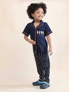 Conjunto de Pijama de Algodón Azul Marino para Niños, Camiseta de Manga Corta Suave con Estampado, Ropa de Dormir Cómoda para Niños - Product Image 4